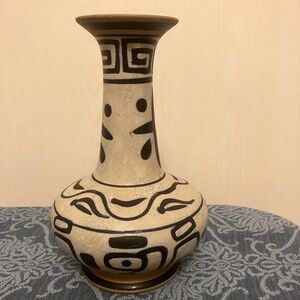 Vintage Mid-Century Pottery Vase White w/Blue Abstract and Greco-Roman Desig